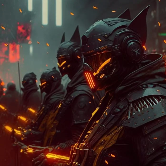 Futuristic soldiers in black armor with glowing orange elements, wearing helmets with cat-like ears, standing in formation amidst sparks and a dark cityscape.