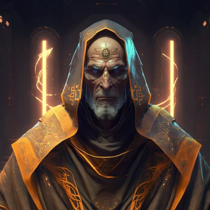 A stern-looking, elderly man with glowing blue eyes, bald head with facial scars, adorned in a black and gold robe with intricate designs, wearing a hood with glowing symbols, standing in a dark, high-tech setting with glowing orange energy orbs.