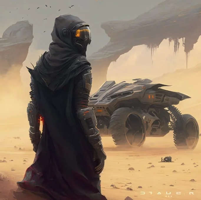 A futuristic scene featuring a person in high-tech armor and helmet, dressed in black, standing in a desert landscape with rocky formations and a sci-fi vehicle nearby.