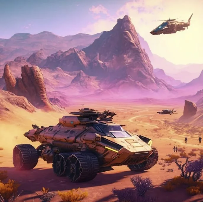 A futuristic scene depicting a spaceship and two helicopters flying over a rocky, arid landscape with rugged mountains in the background.