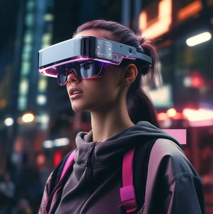 Young woman wearing virtual reality glasses and a dark hoodie with pink straps, standing in a city at night with blurred lights in the background.