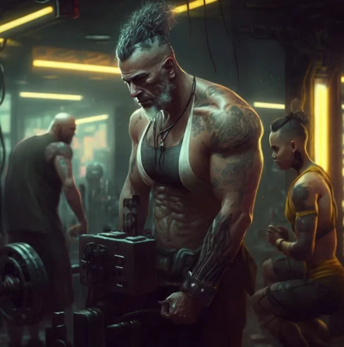 A muscular man with tattoos and a mohawk hairstyle working out with weights in a gym, with a woman and another man also exercising in the background.