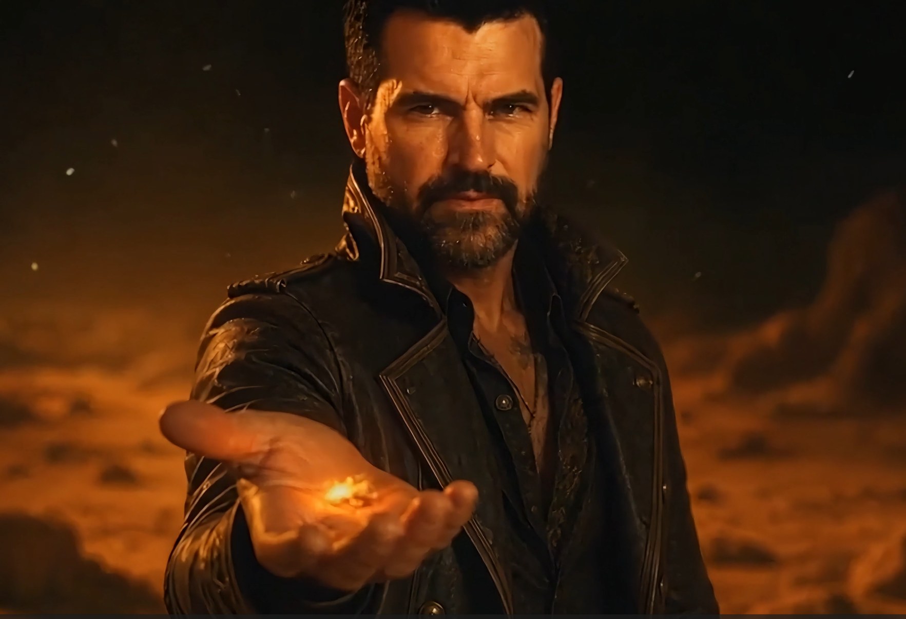 A man with dark hair and a beard wearing a black leather jacket, extending his hand forward, with fire and smoke in the background at night.
