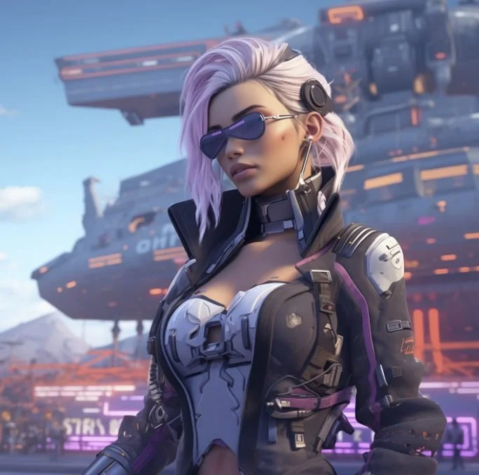 A futuristic woman with purple and platinum hair, wearing sunglasses and a high-tech black and purple suit, standing in front of a sci-fi spaceship.