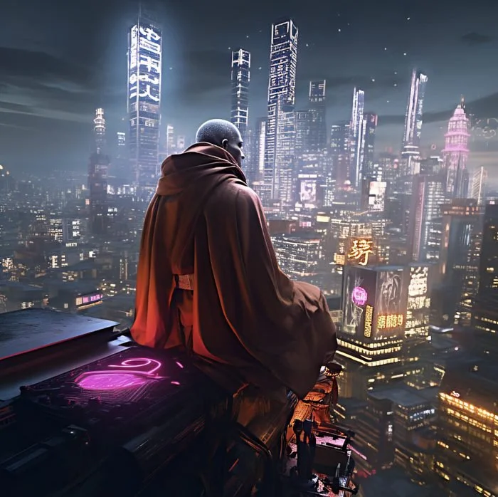 Person sitting on rooftops overlooking a futuristic city skyline at night with tall illuminated skyscrapers and neon signs.