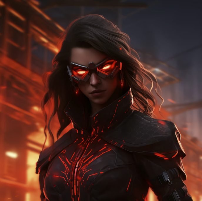 A woman with brown wavy hair wearing a futuristic black and red high-tech suit and sleek visor glasses with glowing red lights, in an industrial urban setting.