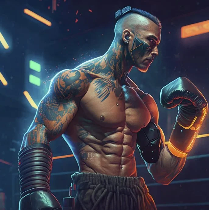 A muscular man with tattoos on his arms and chest, wearing boxing gloves and shorts, stands in a boxing ring with neon lights in the background.