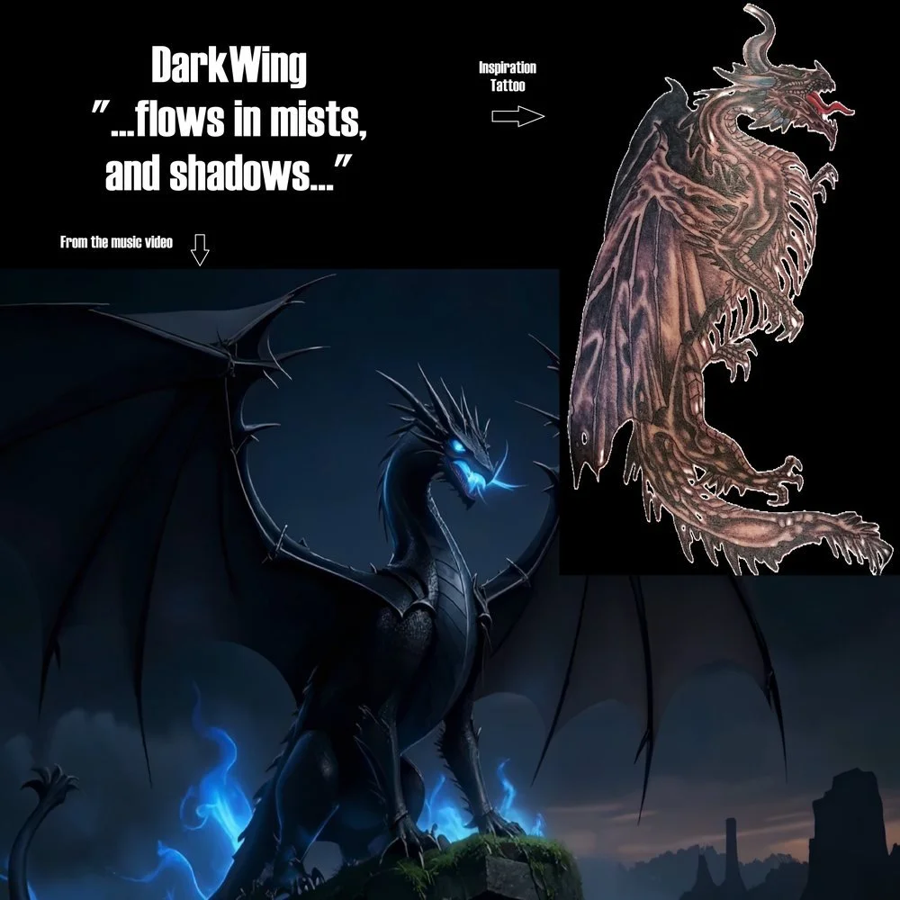 Dark wing dragon with blue flames, dark clouds, and city ruins in the background, a tattoo of a dragon in the upper right corner, and text about DarkWing and inspiration for a tattoo.
