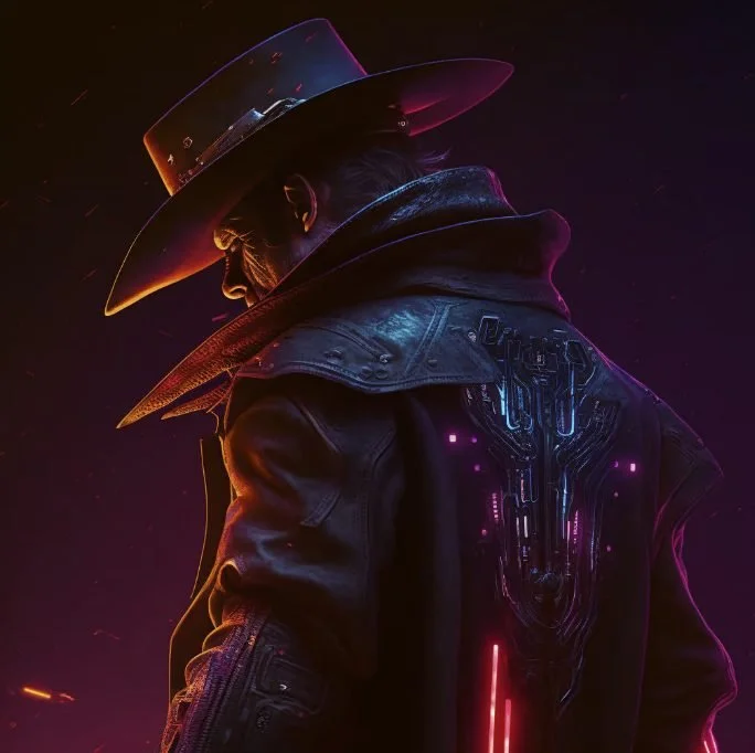 A person wearing a wide-brimmed hat and a leather jacket with neon lights and circuit-like designs, in a futuristic or cyberpunk style.