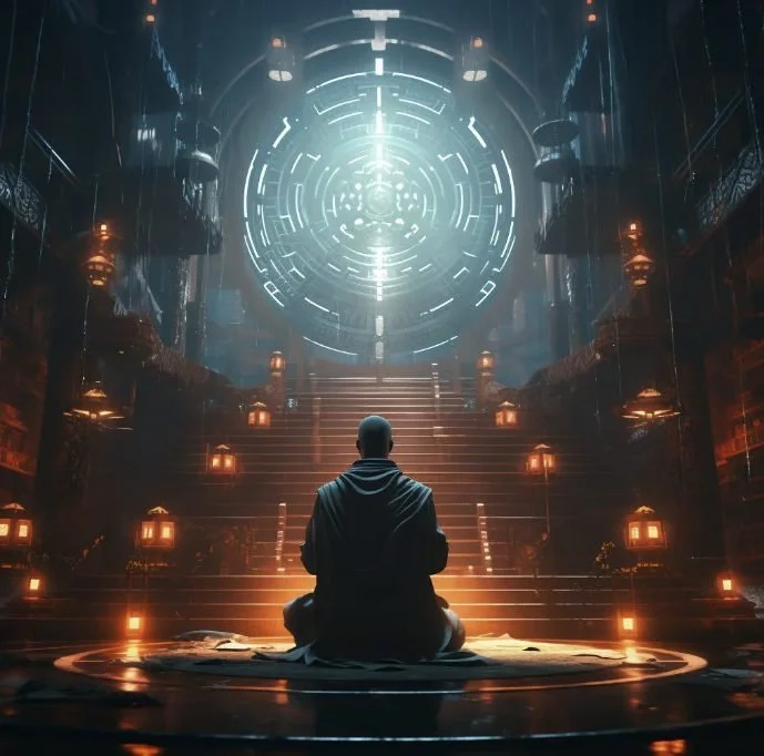 A person with a shaved head wearing dark robes, sitting cross-legged on a cushion in a dimly lit, futuristic temple-like space, facing a large glowing circular structure with intricate patterns and lights.