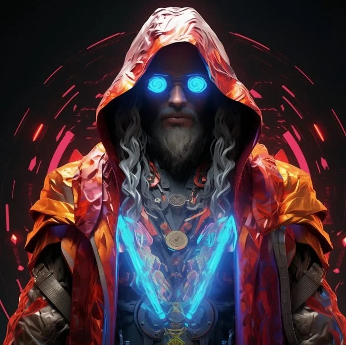 A man in a futuristic costume with a glowing blue chest and glowing blue goggles, wearing a hooded red and orange armored cloak with digital effects.