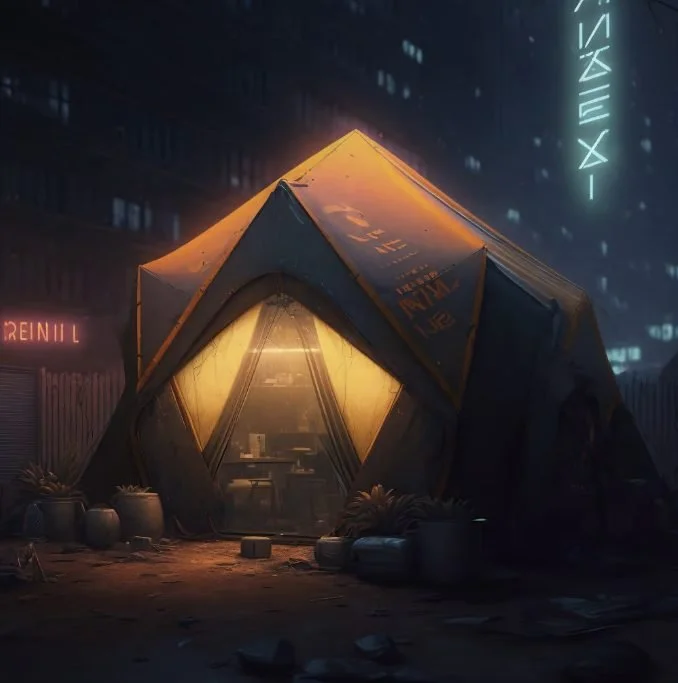 A futuristic, illuminated tent on a city street at night, with neon signs in the background.