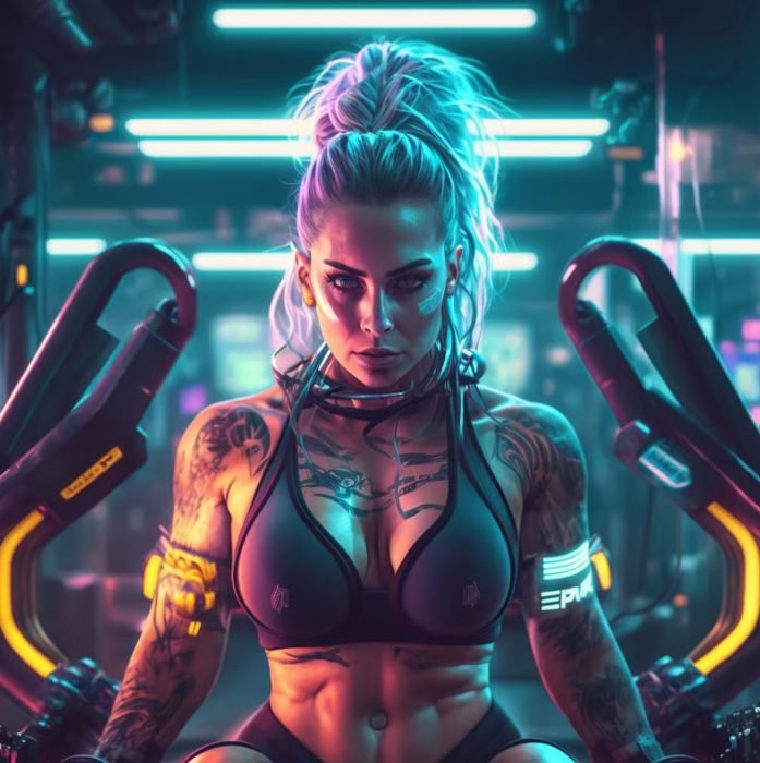 A muscular woman with tattoos, illuminated by neon lights, working out in a futuristic gym with advanced exercise equipment.