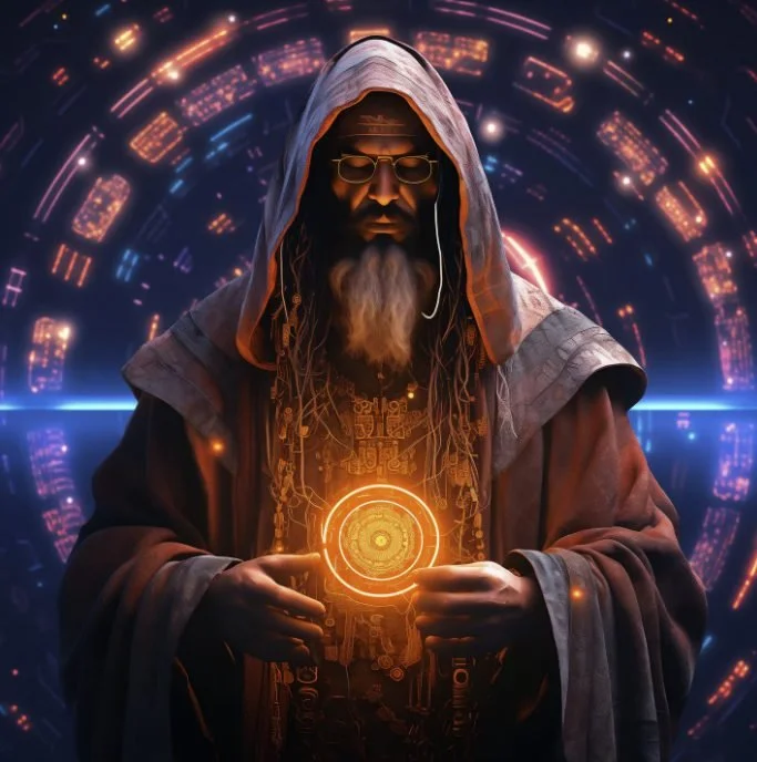 A man dressed as a futuristic wizard or hacker with a hood, glasses, and long beard, holding a glowing holographic circular interface with digital symbols and bright lights surrounding him.