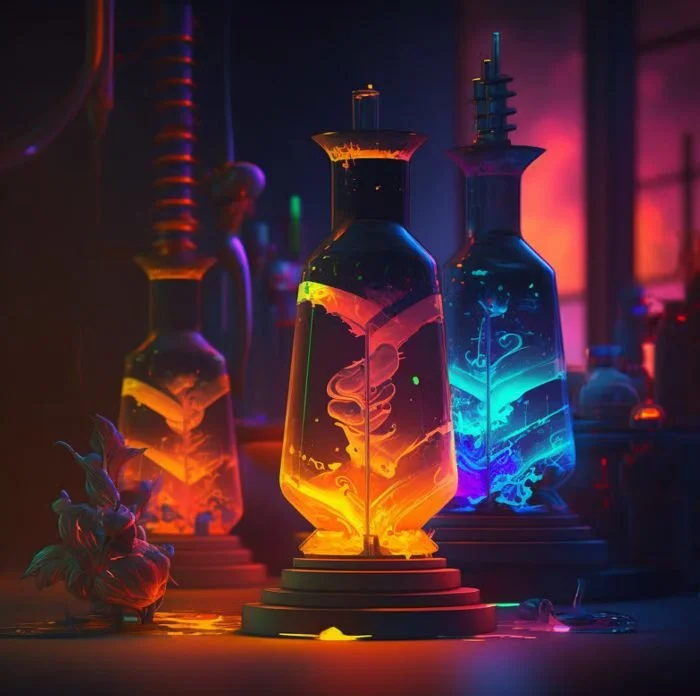 Colorful laboratory glassware with glowing liquids in orange, yellow, blue, and teal, illuminated by vibrant neon lights.