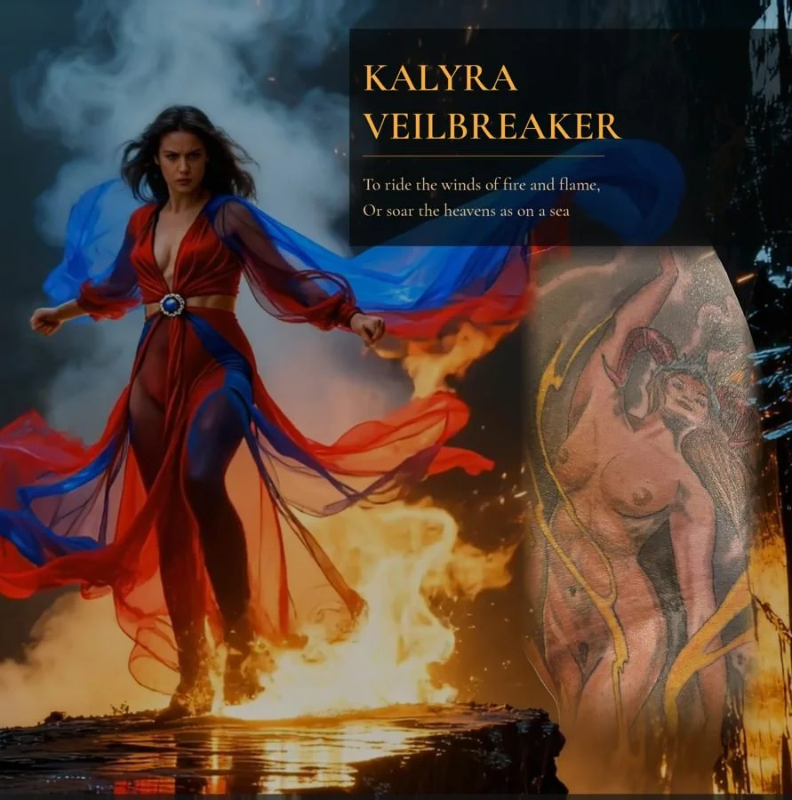 A woman dressed in fiery red and blue flowing garments stands amid flames, with smoke and smoke in the background, next to a book cover featuring a drawing of a woman with snake-like hair surrounded by flames.