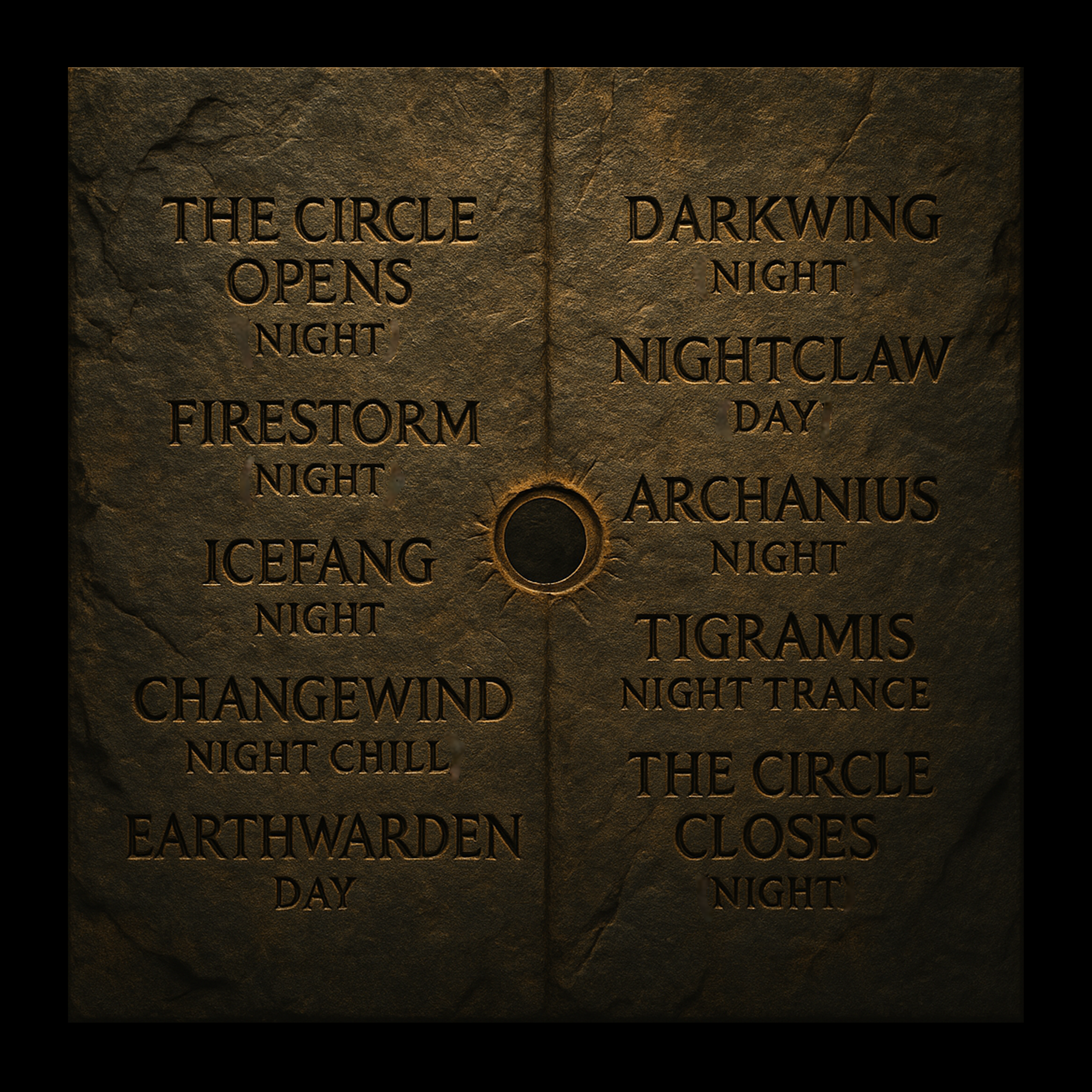 A stone carving with words carved into it, including 'THE CIRCLE OPENS NIGHT' and 'DARKWING NIGHT' among other text.