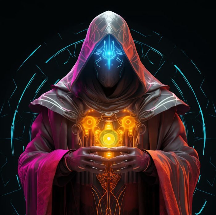 A mysterious figure in a hooded cloak with glowing blue and orange symbols on their face and chest, holding a glowing, circular object with intricate patterns in their hands, set against a dark, futuristic background.
