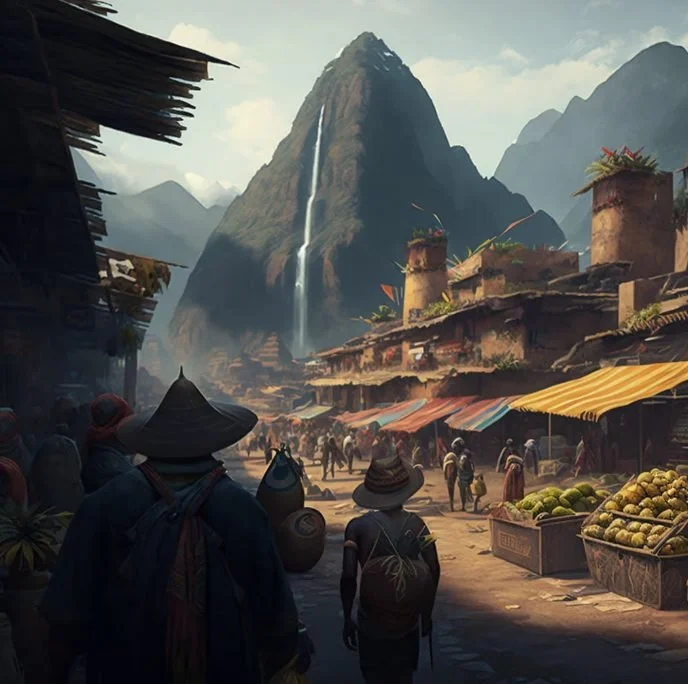A busy marketplace in a mountain village, with people shopping and walking, colorful tents and fruit stands, a waterfall cascading down a mountain in the background.