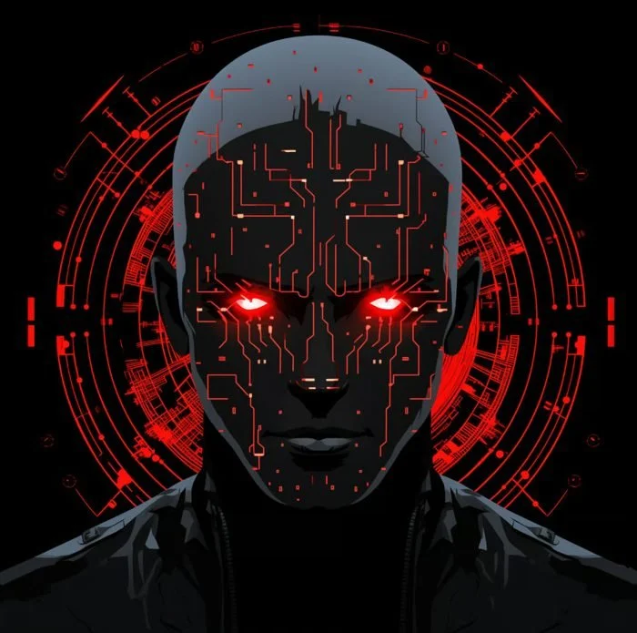 A digital illustration of a human face with glowing red eyes, surrounded by a red circuit-like pattern and futuristic interface graphics.