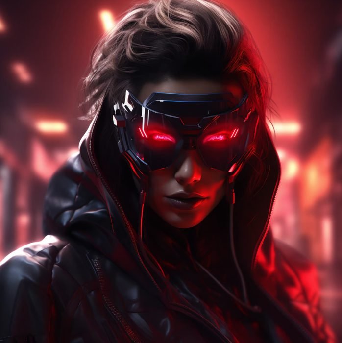 A person wearing a futuristic black helmet with glowing red lights and a black leather jacket, set against a cyberpunk city background with neon lights.