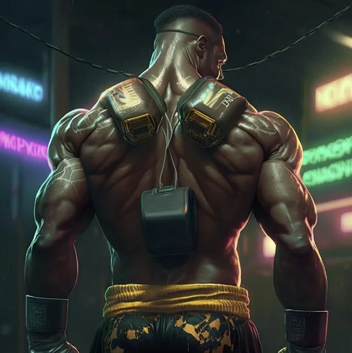 A muscular man with blonde hair and a mohawk hairstyle in a gym with neon signs, wearing workout gear including pads on his shoulders, arm wraps, and weightlifting shorts.