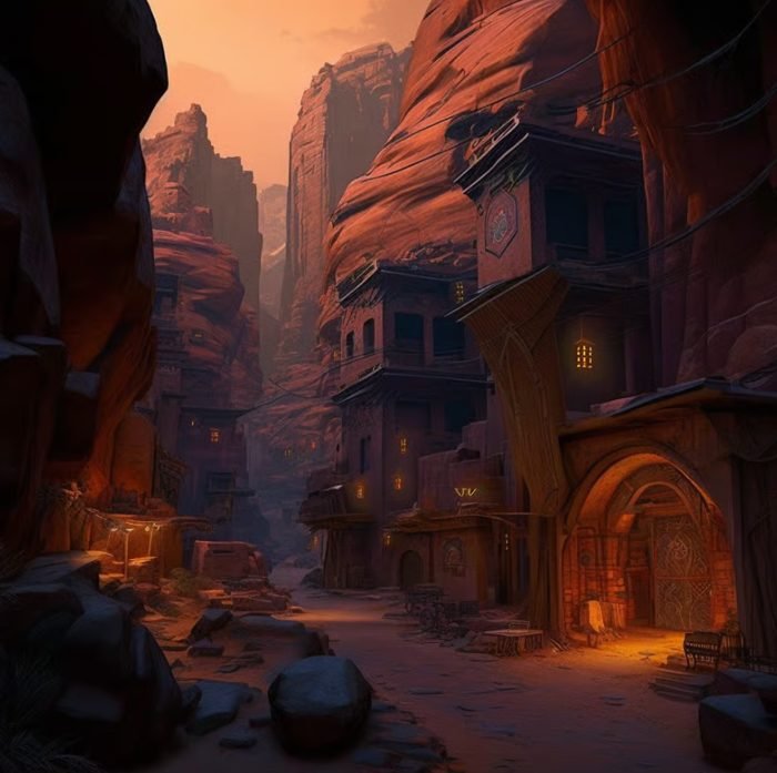 A digital painting of a narrow canyon village at dusk or dawn, with multi-story buildings built into the red rock cliffs, lit by warm glowing lights from the windows and street lamps.