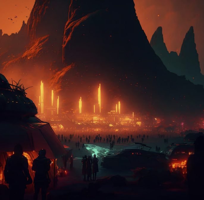 A futuristic cityscape at sunset with tall illuminated buildings and flying vehicles, filled with people and advanced technology.