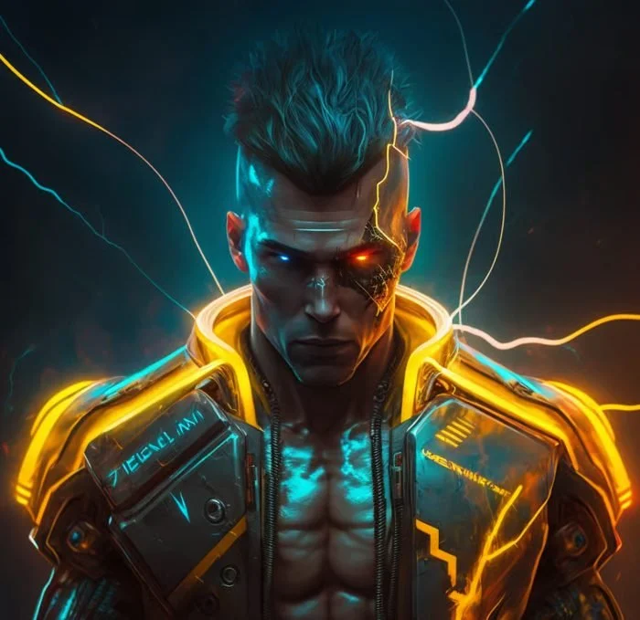 Futuristic male character with glowing yellow and blue accents, cybernetic enhancements, and lightning effects surrounding him.