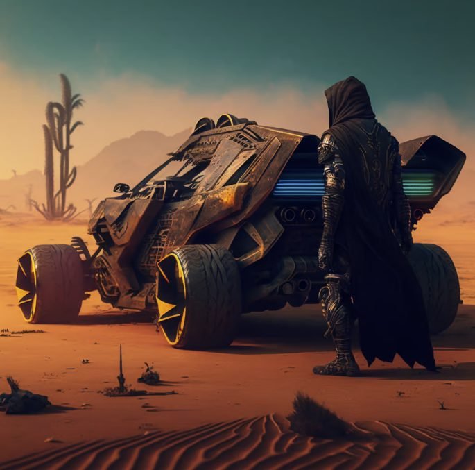 Futuristic desert scene with a person in a dark cloak looking at a high-tech vehicle with glowing blue lights, and a lone cactus in the background.