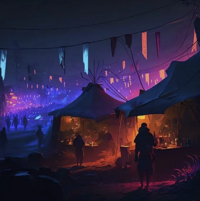 Night scene of a lively outdoor marketplace or festival with tents, colorful hanging banners, and illuminated stalls, with silhouettes of people walking and browsing.