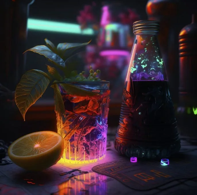 A glowing, colorful drink with ice and herbs in a glass, a halved lemon, and a glowing lamp on a table with neon reflections in the background.
