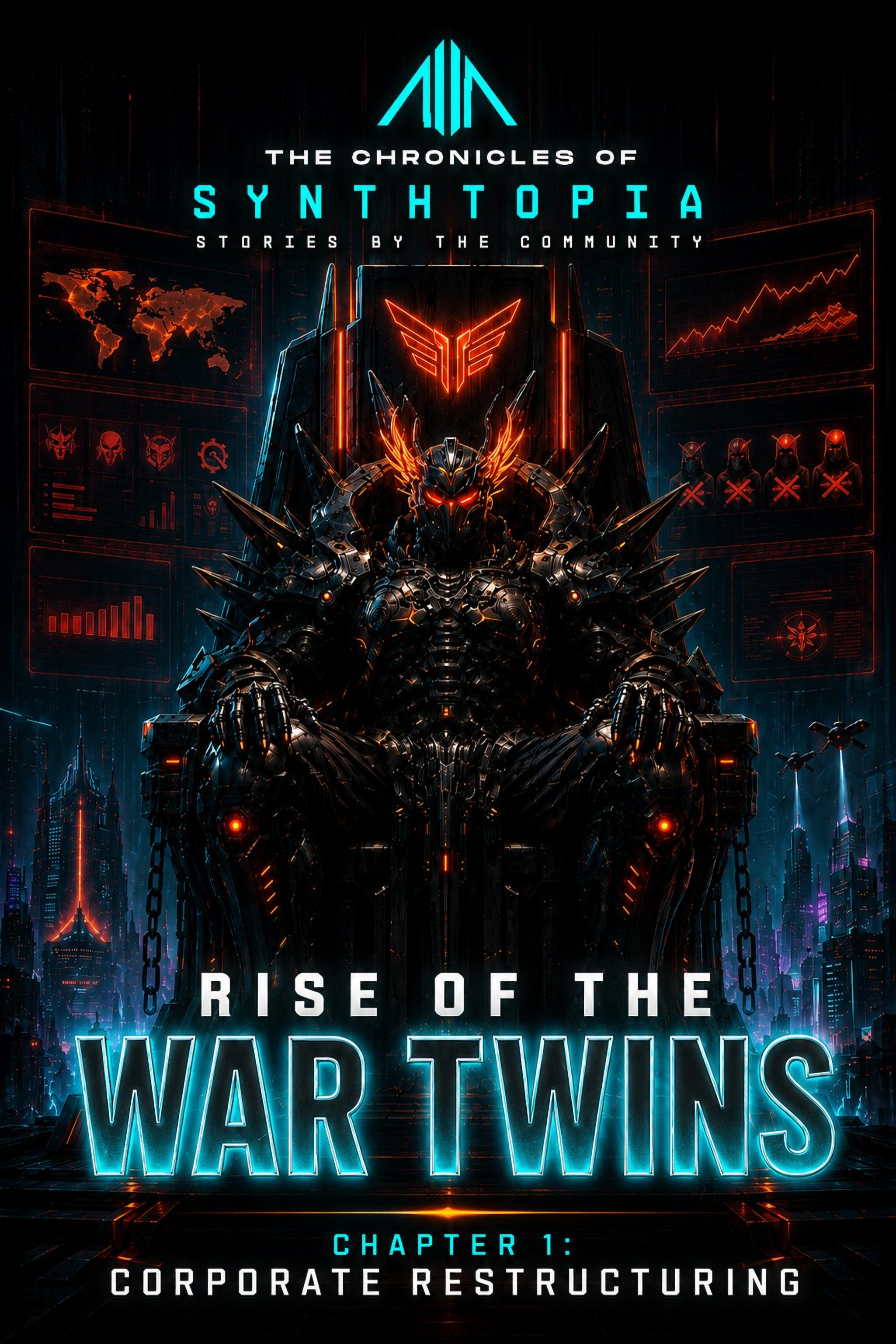 Futuristic digital artwork of a robotic figure with glowing orange and blue accents, sitting in a high-tech cityscape with holographic data charts, world map, and graphs. The image promotes 'Rise of the War Twins' chapter 1: Corporate Restructuring.