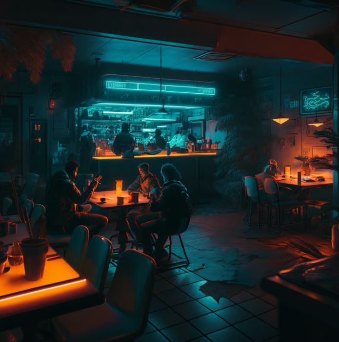 People sitting and chatting in a neon-lit, dimly lit bar with blue and orange lighting, with a visible bar counter and bartenders in the background.