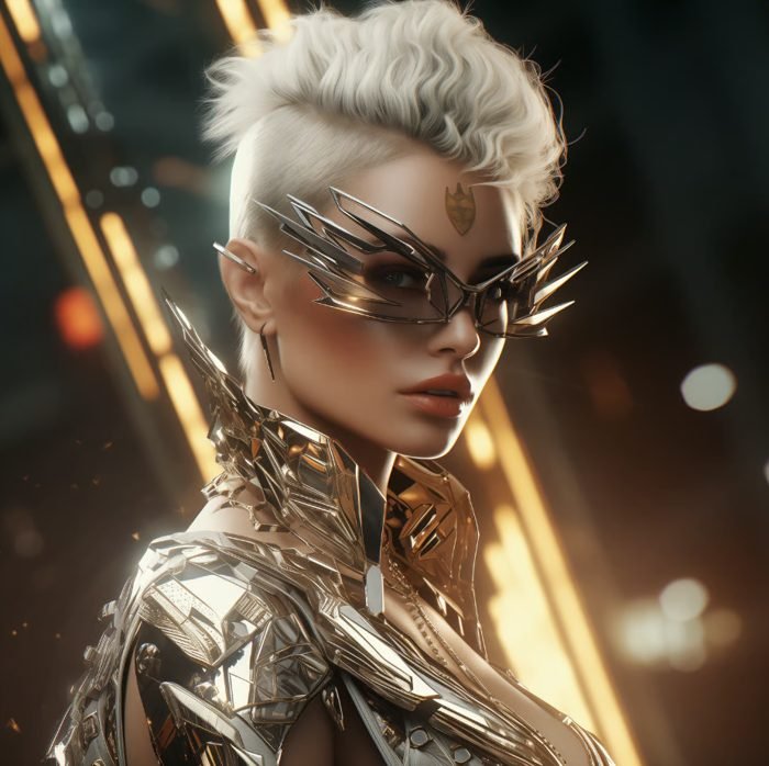 A woman with platinum blonde hair styled in a short, tousled look wearing futuristic metallic armor and matching glasses with sharp, angular design. She has a small tattoo on her forehead and a serious expression. The background is blurred with warm 