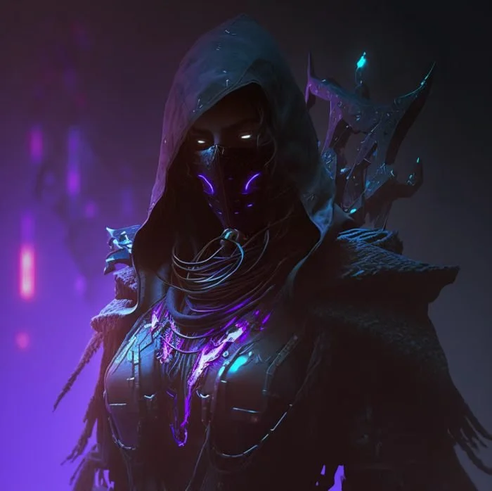 A dark, futuristic character with glowing eyes and purple accents, wearing a hood and mask, with high-tech gear and glowing elements.