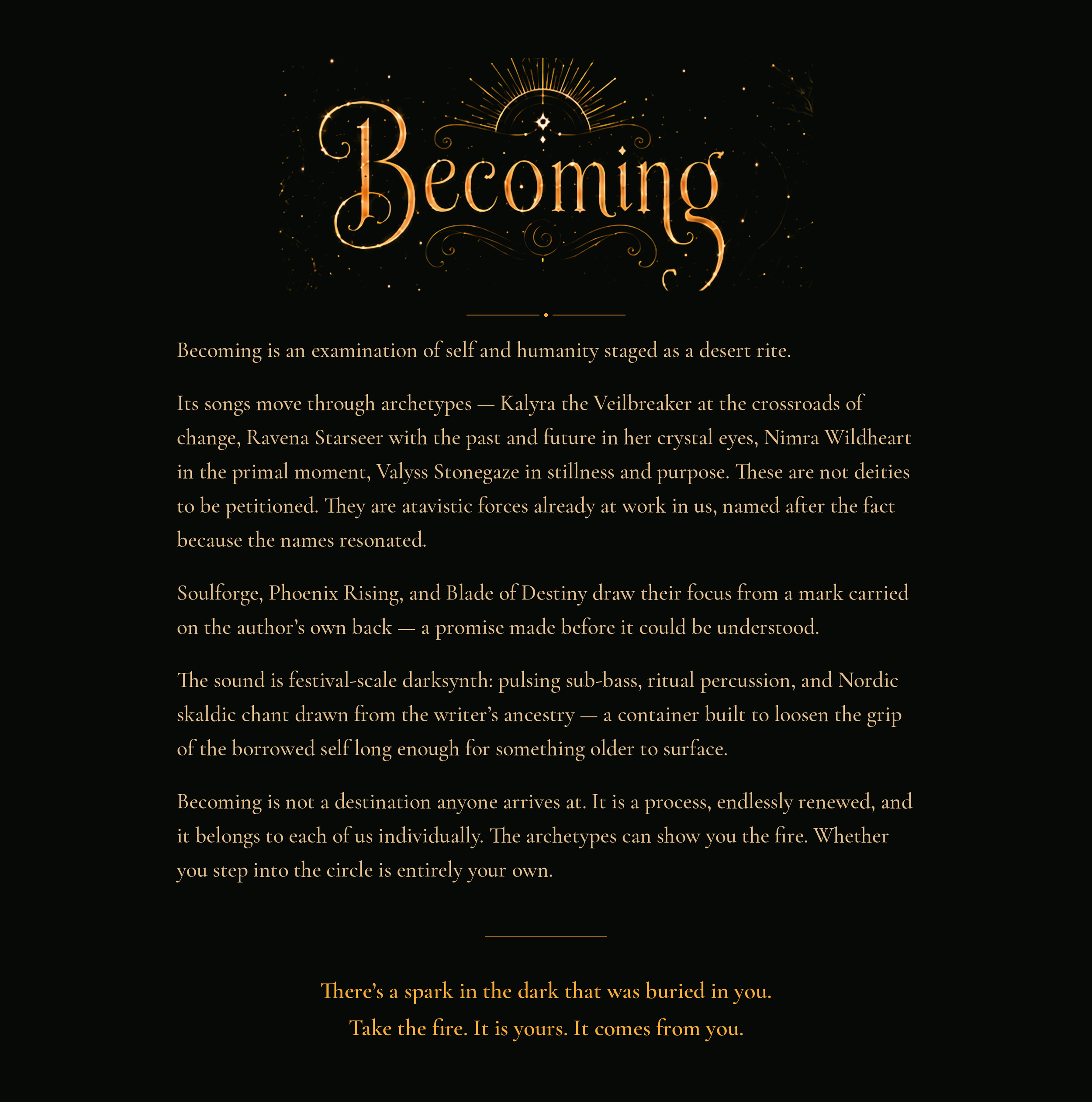 This image features the word "Becoming" in ornate golden font against a dark background, with decorative sparkles and rays emanating from the top. Below, there is a paragraph of text emphasizing self-examination, archetypes, and personal growth, with