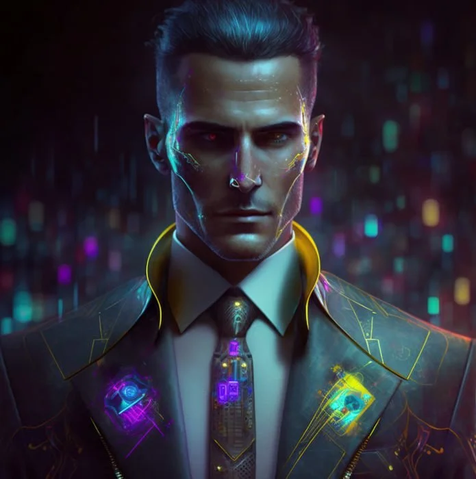 A futuristic man with cybernetic enhancements on his face, neon lighting, and a holographic display on his suit.