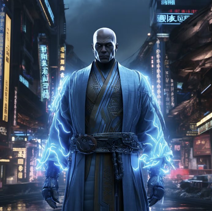 A bald man in traditional Asian robes surrounded by neon lights and lightning in a futuristic city at night.