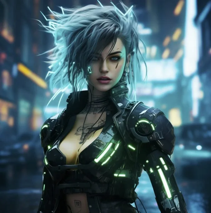 Cyberpunk woman with short, spiky or tousled hair, glowing cybernetic enhancements on her body, and wearing a futuristic black jacket with glowing green accents, standing in a neon-lit urban cityscape at night.