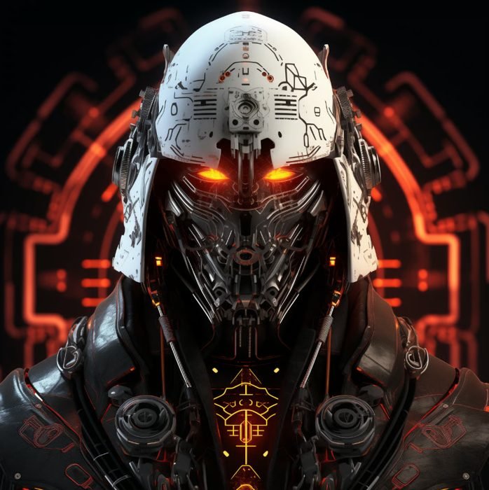 Close-up of a highly detailed, futuristic robot or cyborg with glowing orange eyes, metallic and robotic facial features, and a dark suit with illuminated accents, against a high-tech background with red circuit-like patterns.
