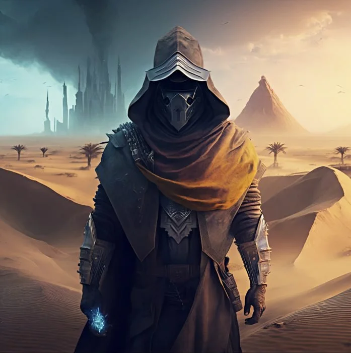 A figure wearing a hooded cloak and a mask, standing in a desert landscape with palm trees, pyramids, and distant mountains at sunset.
