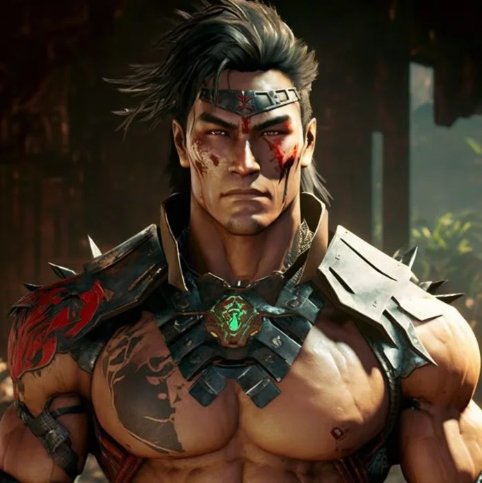 A muscular man dressed as a warrior with spiked armor, a headband, and face paint, standing in a jungle setting.