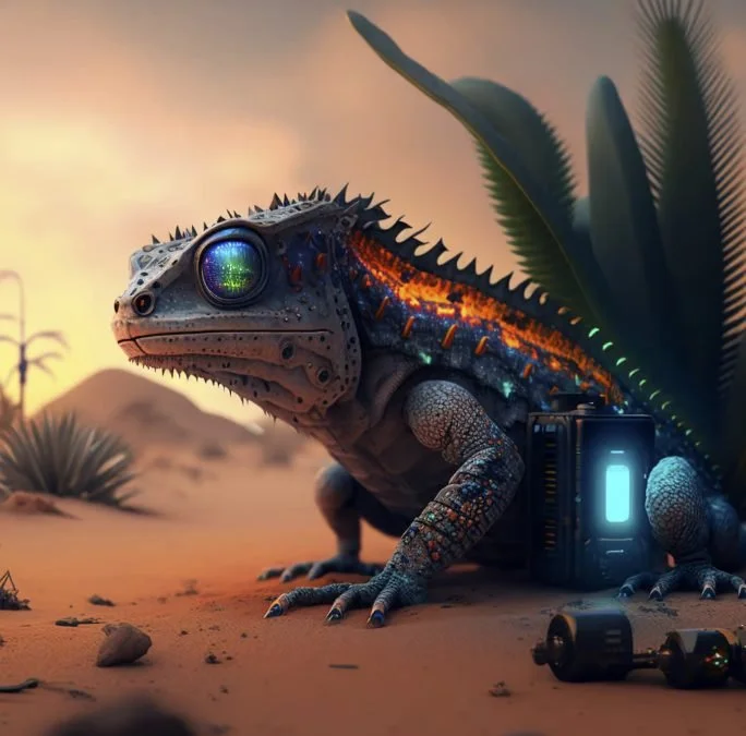 A futuristic, armored lizard with glowing eyes and a high-tech backpack in a desert landscape with sparse vegetation and a sunset sky.