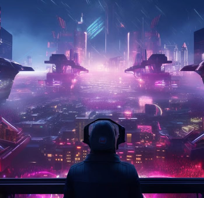 A person wearing headphones looks out over a futuristic cityscape illuminated with neon pink and purple lights, with tall skyscrapers and flying vehicles.