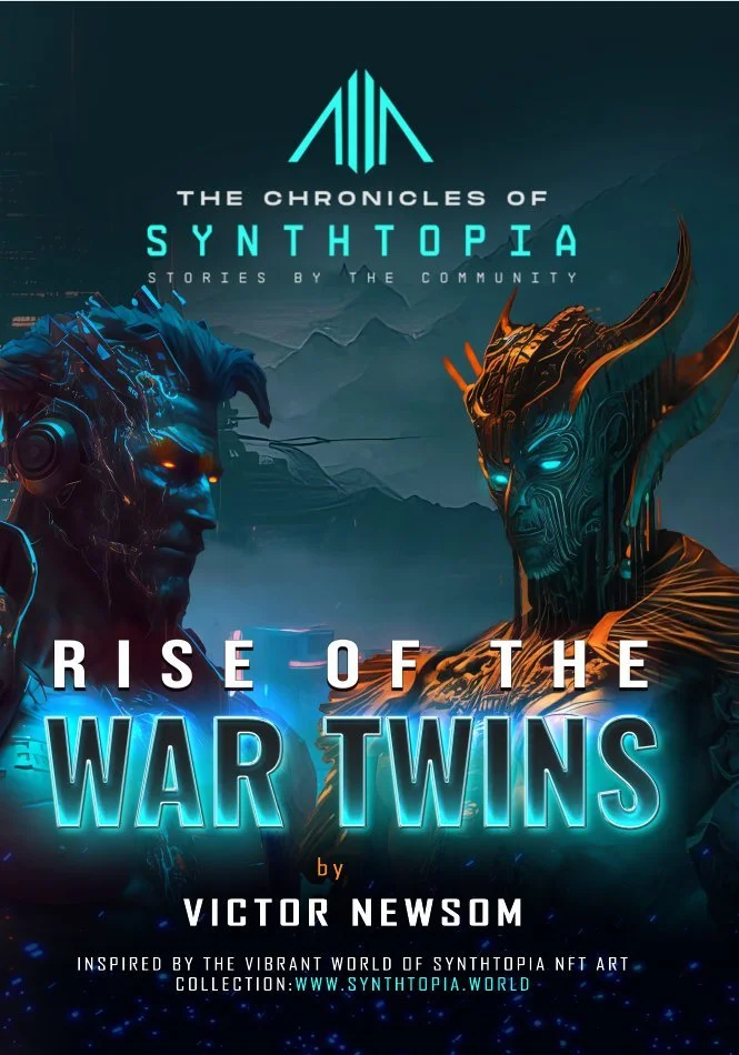 Book cover titled "Rise of the War Twins" by Victor Newsom, featuring two futuristic characters with glowing eyes and elaborate armor, set against a dark, mountainous background, with blue and orange accents.