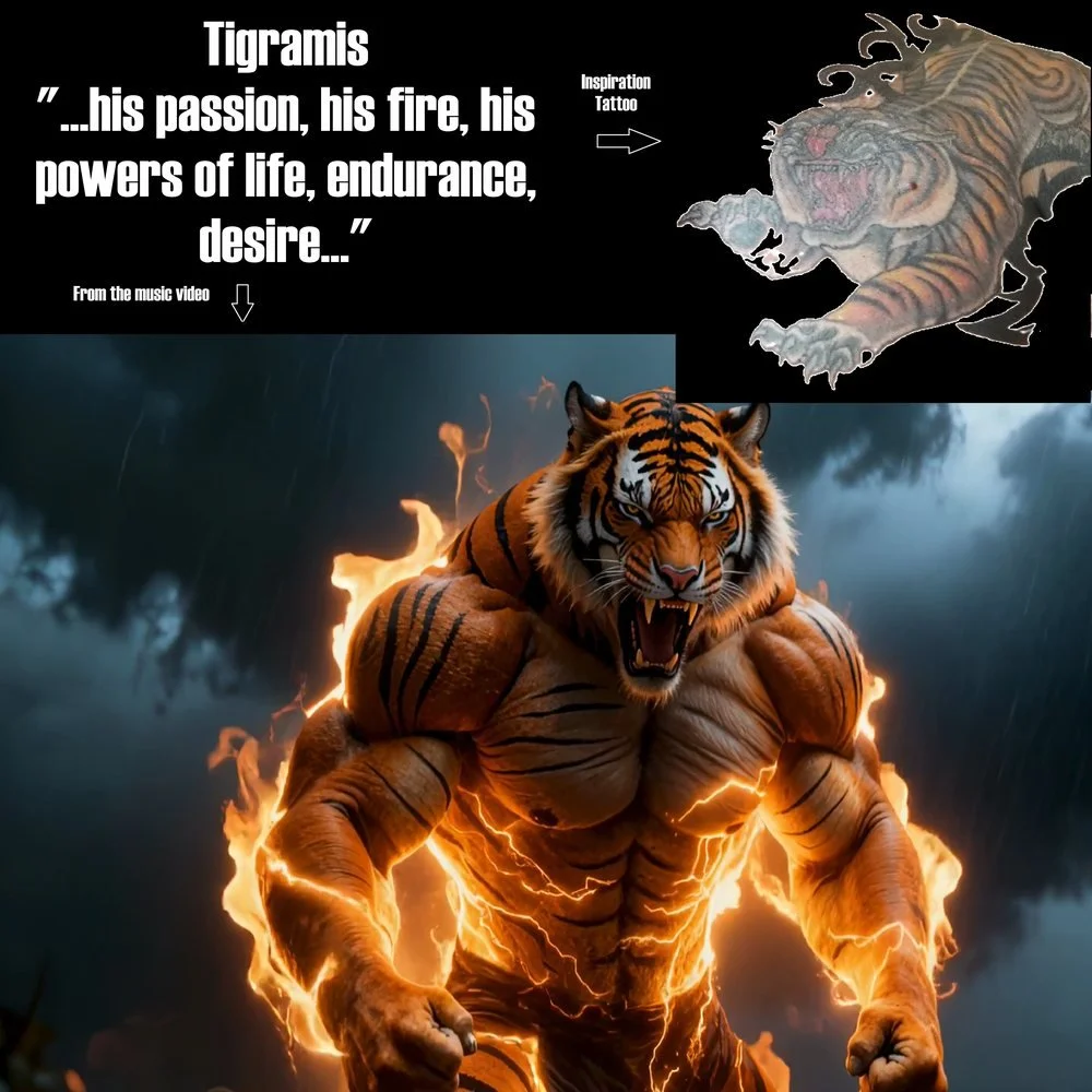A fierce, muscular tiger with glowing, fiery outlines running through stormy weather, with an inset of a tattoo of a tiger and text about tigramis.