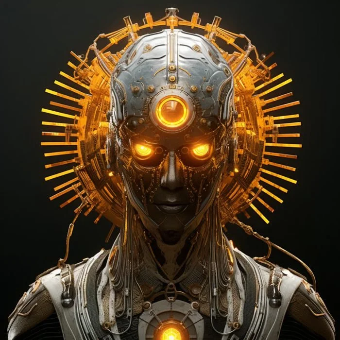 Futuristic female robot with glowing eyes and head, metallic face and intricate mechanical details, with a glowing circular accessory on her forehead and a halo-like structure of orange lights behind her head.