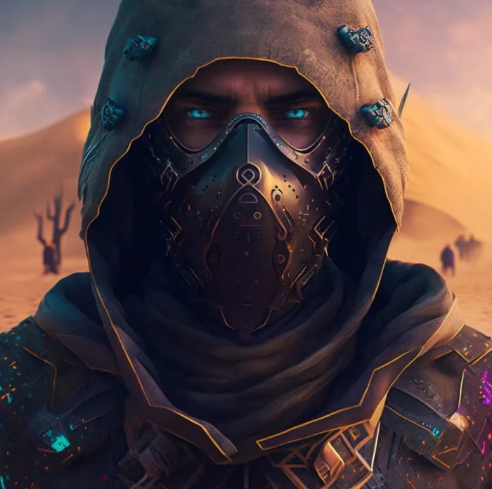 A person wearing a futuristic mask and hood, standing in a desert with sand dunes and sparse vegetation in the background, illuminated by orange sunset light.