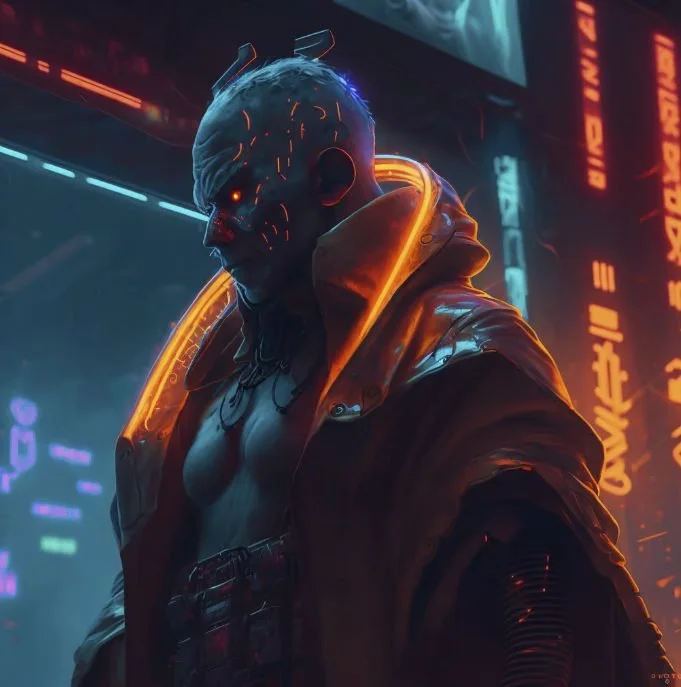 A cyberpunk character with glowing facial scars and a futuristic jacket, standing in a neon-lit cityscape with holographic signs.